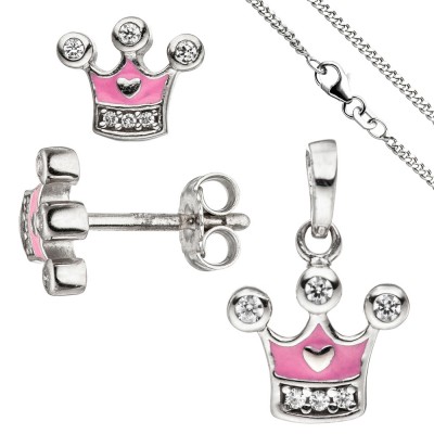 Kinder Mädchen Schmuck-Set Krone pink rosa 925 Silber Zirkonia mit Kette 38cm