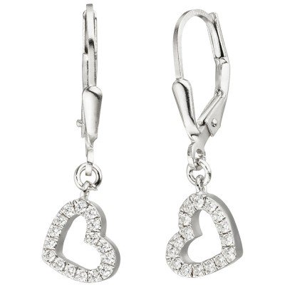 JOBO Ohrhänger Herz 925 Sterlingsilber 32 Zirkonia Ohrringe Boutons Herzohrringe