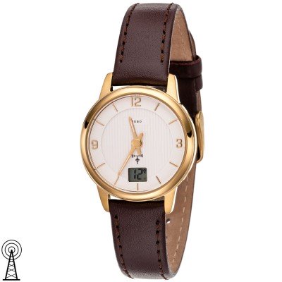 Damen Armbanduhr Funkuhr Edelstahl vergoldet Lederband Datum