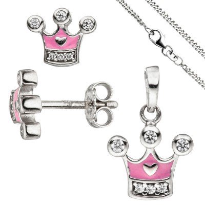 Kinder Mädchen Schmuck-Set Krone pink rosa 925 Silber Zirkonia mit Kette 42cm