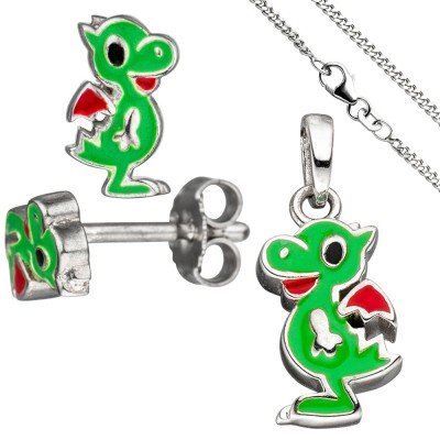 Kinder Schmuck-Set Kleiner Drache 925 Silber grün lackiert mit Kette 42cm