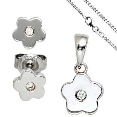 Kinder Schmuck-Set Blume 925 Silber mit Zirkonia Anhänger Kette 38cm