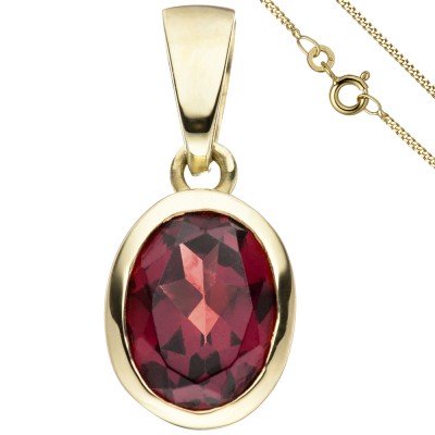 Anhänger oval 333 Gelbgold 1 Granat mit Kette 50cm