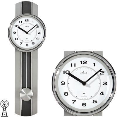 Wanduhr Funk Funkwanduhr mit Pendel silbern Pendeluhr