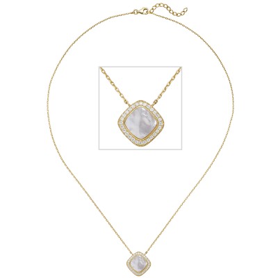 Kette mit Anhänger 925 Silber gold vergoldet Perlmutt Einlage 28 Zirkonia 45cm