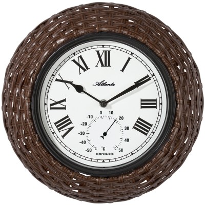 Wanduhr Quarz analog braun Geflecht-Optik mit Thermometer