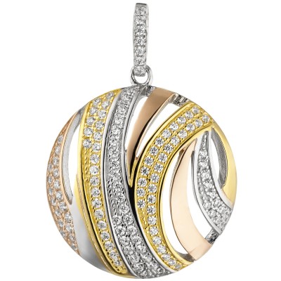 Anhänger rund 925 Sterlingsilber tricolor dreifarbig vergoldet 106 Zirkonia