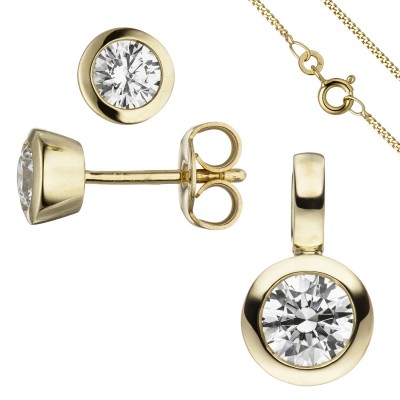 Schmuck-Set 333 Gelbgold 3 Zirkonia Ohrstecker und Kette 42cm