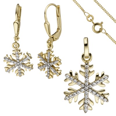 Schmuck-Set Schneeflocke 333 Gelbgold mit Zirkonia Ohrringe und Kette 42cm
