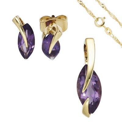 Schmuck-Set 585 Gelbgold 3 Amethyste lila violett Ohrringe und Kette 45cm