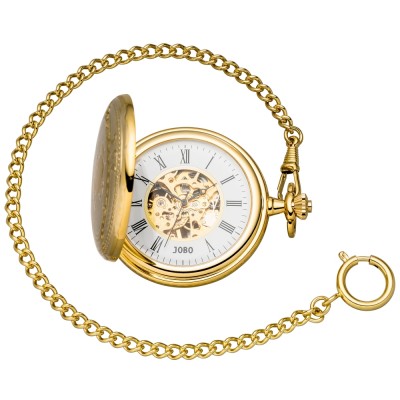Taschenuhr Skelett mit Kette Handaufzug vergoldet 2 Sprung-Deckel