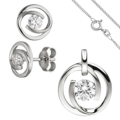 Schmuck-Set 333 Weißgold 3 Zirkonia Ohrringe Anhänger und Kette 45cm