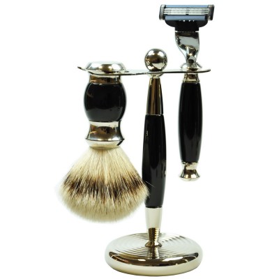Golddachs Rasierset 3-teilig Metall mit Kunststoff-Pinsel mit Dachs-Silberspitze