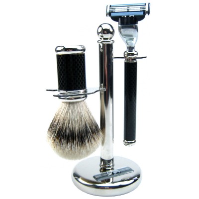 Golddachs Rasierset 3-teilig Metall mit Carbon Optik Pinsel Dachs-Silberspitze