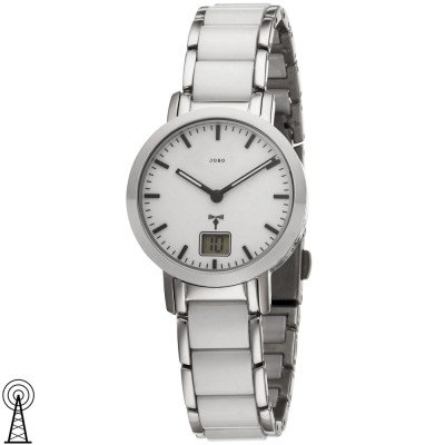 Damen Armbanduhr Funk Edelstahl Keramik weiß mit Datum