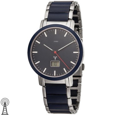 Herren Armbanduhr Funk Edelstahl Keramik blau mit Datum
