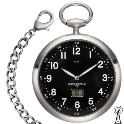 Taschenuhr Funk mit Kette schwarz aus Edelstahl mit Datum