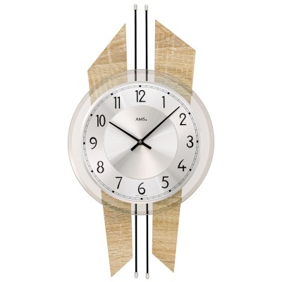 AMS 9625 Wanduhr Quarz analog silbern Holz Sonoma-Optik mit Aluminium und Glas