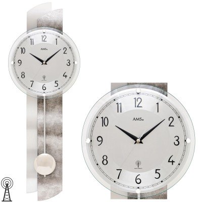 AMS 5321 Wanduhr Funk Funkwanduhr mit Pendel Pendeluhr silbern