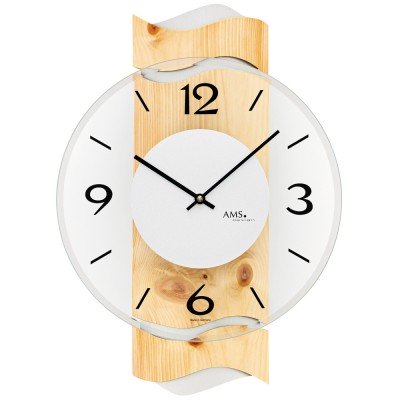 AMS 9623 Wanduhr Quarz analog Holz Zirbe-Optik mit Glas modern geschwungen