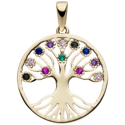 Anhänger Lebensbaum 333 Gold Gelbgold 12 Zirkonia bunt