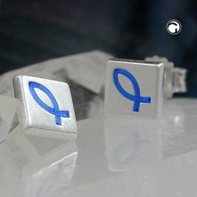 Ohrstecker matt Fisch-Symbol blau 925 Sterlingsilber