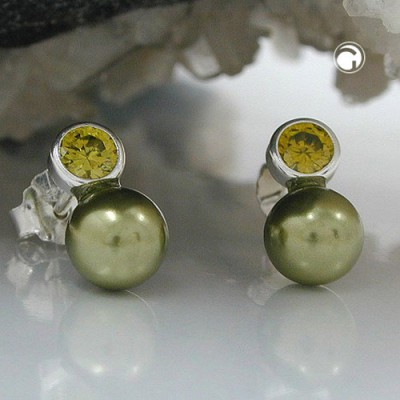 Ohrstecker Zirkonia-oliv Perle Imitat 925 Sterlingsilber