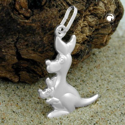 Anhänger 21x15mm Känguru mit Kind im Beutel matt-glänzend 925 Sterlingsilber