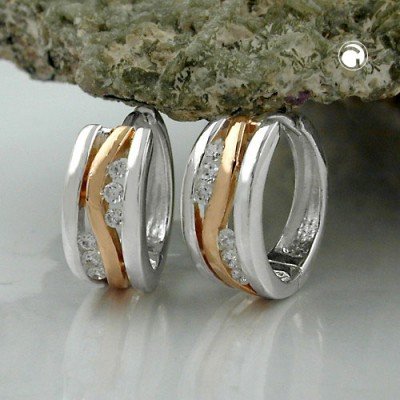 Creolen Ohrringe bicolor mit Zirkonia 925 Sterlingsilber