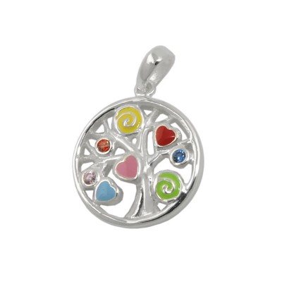 Anhänger Baum des Lebens farbig mit Zirkonias 925 Sterlingsilber
