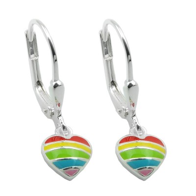 Ohrringe mit Klappbügel Brisur Herz mit Regenbogen farbig lackiert 925 Sterlingsilber
