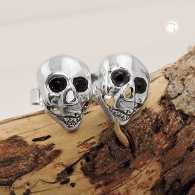 Ohrstecker 10x7mm Totenkopf mit schwarzen Glassteinen glänzend 925 Sterlingsilber