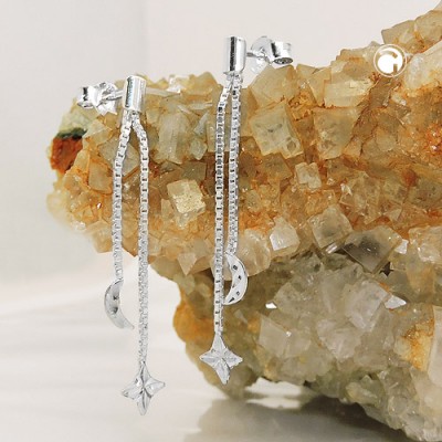 Ohrstecker Kette mit Mond/Stern 925 Sterlingsilber