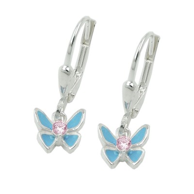 Ohrhänger Ohrringe Brisur Schmetterling hellblau lackiert mit Zirkonia pink 925 Sterlingsilber