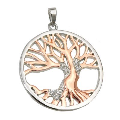 Anhänger Lebensbaum bicolor rotvergoldet mit Zirkonias rhodiniert 925 Sterlingsilber