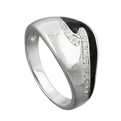 Ring schwarze Lackeinlage weiße Zirkonias glänzend rhodiniert 925 Silber Größe 56